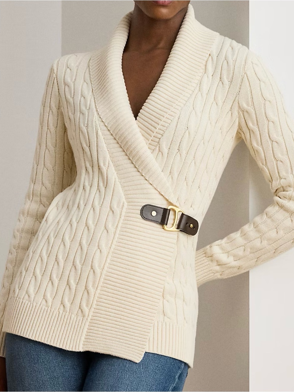 Lauren Ralph Lauren Cable Knit Shawl Collar Wrap Sweater - Cream large